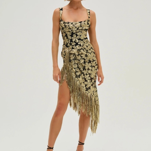 For Love And Lemons Dresses & Skirts - $529 NWT Gold For Love And Lemons “Anisa” Fringe Midi Dress Sz Small